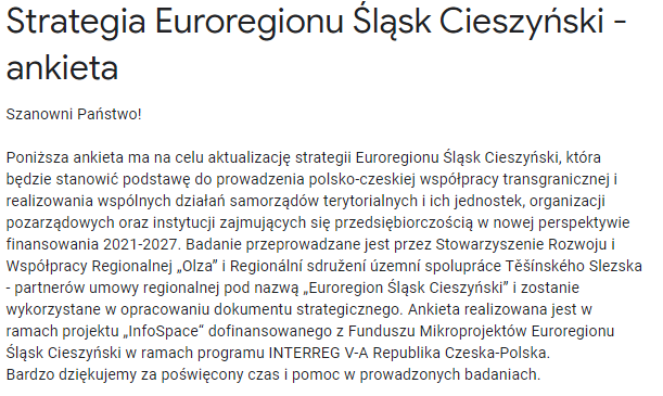 Ankieta Stowarzyszenie Rozwoju i Współpracy Regionalnej „Olza”